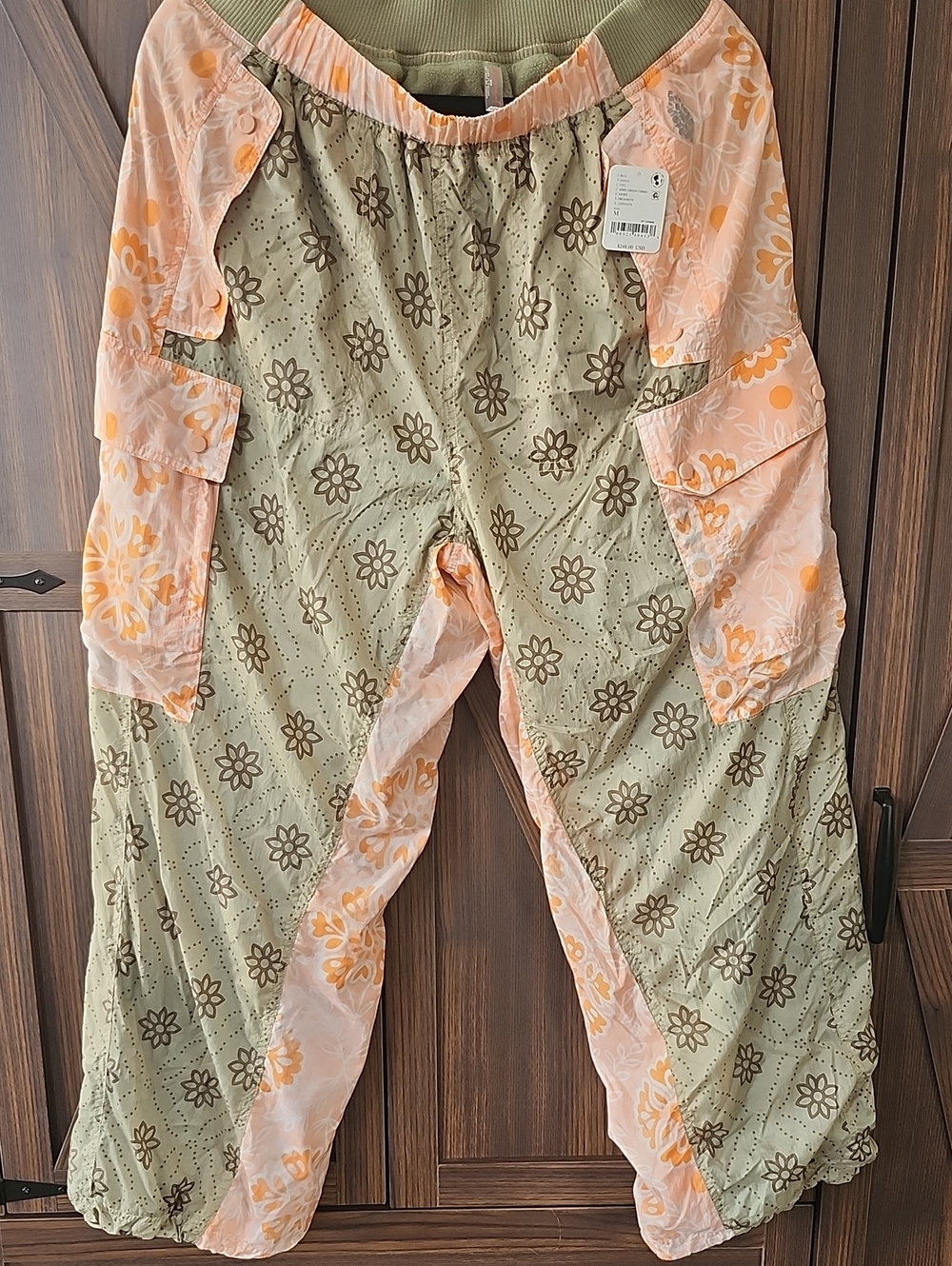 Free People Olive Green and Peach Floral Patchwork Track Pants